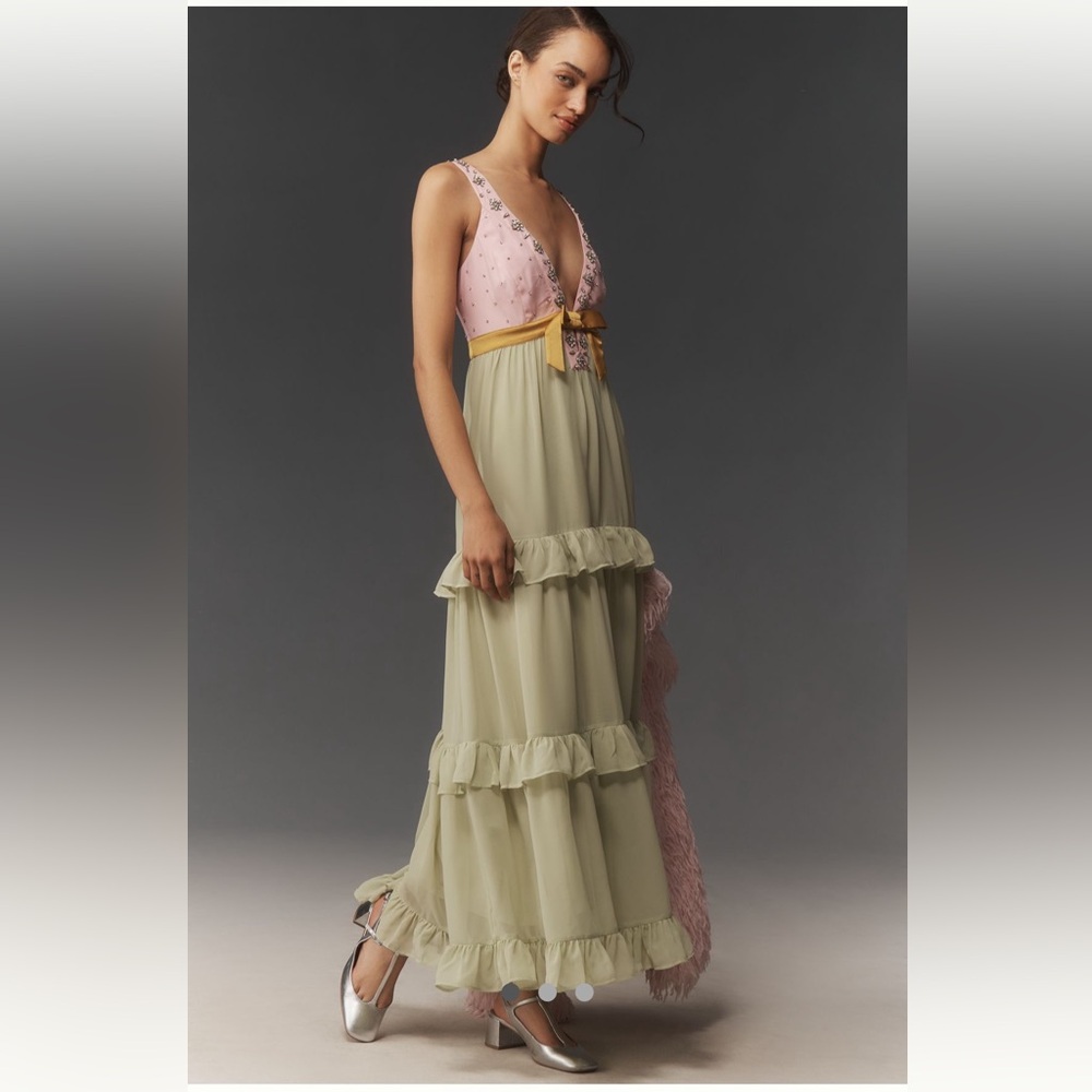 NWT Maeve Embellished Deep-V Tiered Ruffle Maxi Dress - Picture 4 of 6